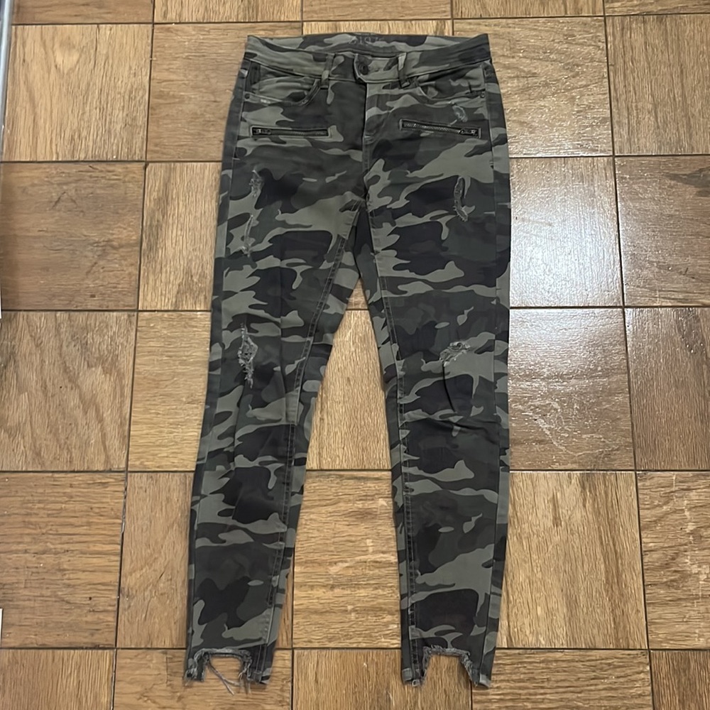 Zara Camouflage Distressed Denim with Raw Edge Hem